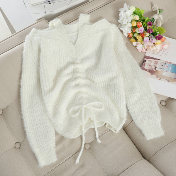 Modern női pulóver csupasz váll és nyakkendő több színben