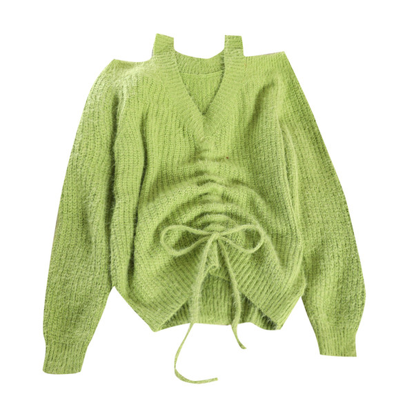 Modern női pulóver csupasz váll és nyakkendő több színben