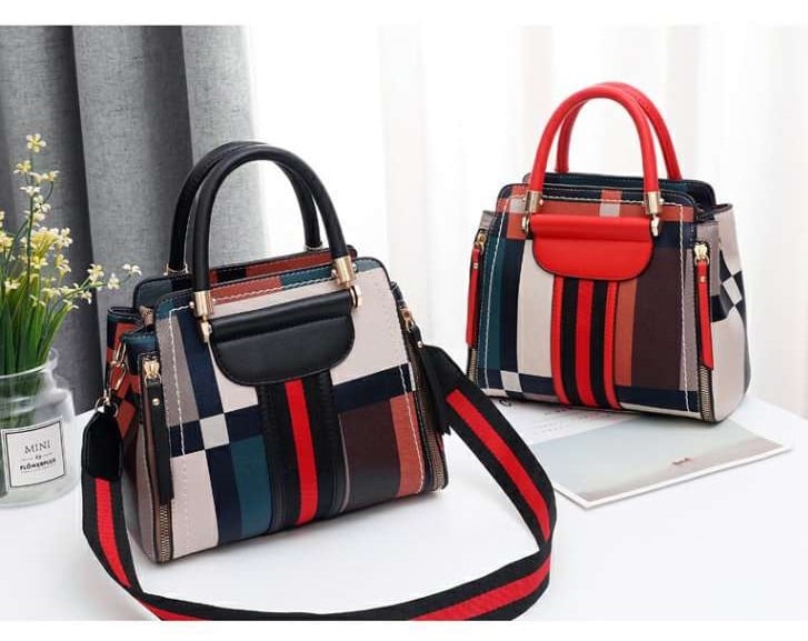 Multicolored women`s bag with short and long handle