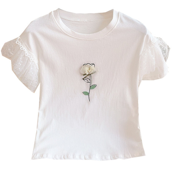 Γυναικεία μπλούζα με δαντέλα και στρόγγυλη λαιμόκοψη σε μπλε, ροζ και άσπρο χρώμα