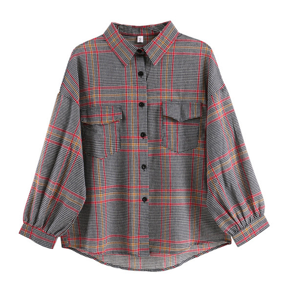 Cămașă de damă în carouri cu guler clasic de culoare gri