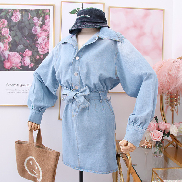 Rochie de dama din denim model nou cu curea si nasturi in albastru