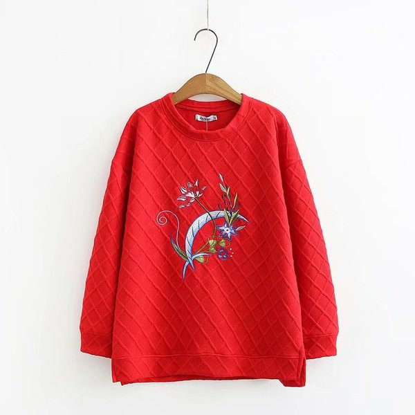 Női alkalmi pulóver O-nyakú és hosszú ujjú piros, barna és zöld színben