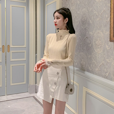 Pulover de dama model nou cu guler polo inalt si dantela in mai multe culori