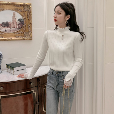 Pulover de dama model nou cu guler polo inalt si dantela in mai multe culori