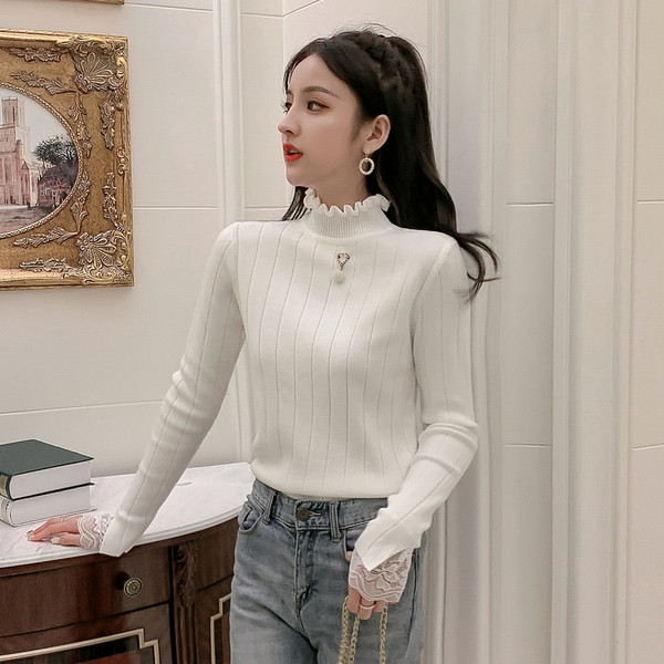 Pulover de dama model nou cu guler polo inalt si dantela in mai multe culori