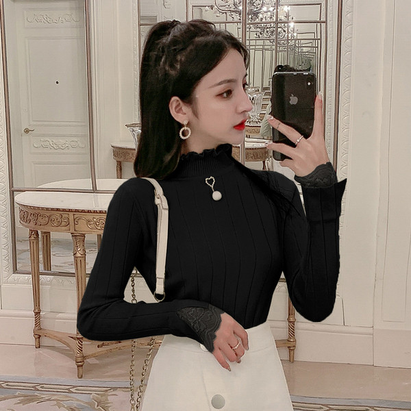 Pulover de dama model nou cu guler polo inalt si dantela in mai multe culori