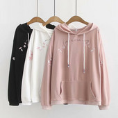 Női alkalmi pulóver kapucnival és zsebbel rózsaszín, fehér és fekete színben