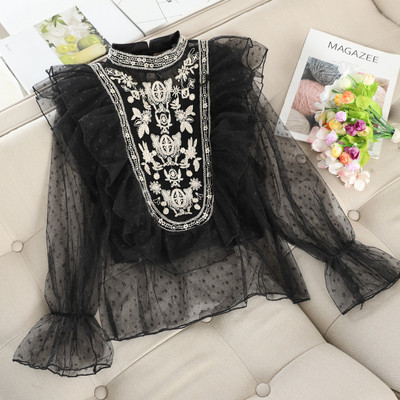 Cămașă casual de damă cu broderie și guler înalt în mai multe culori