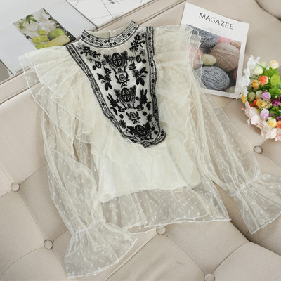 Cămașă casual de damă cu broderie și guler înalt în mai multe culori