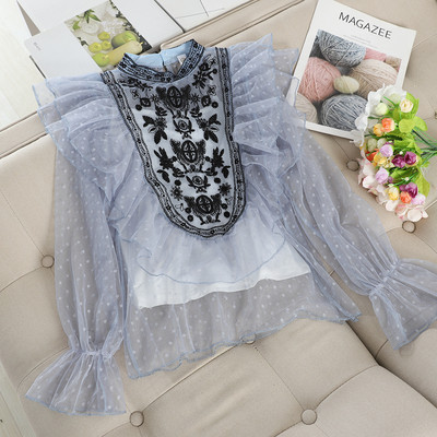 Cămașă casual de damă cu broderie și guler înalt în mai multe culori