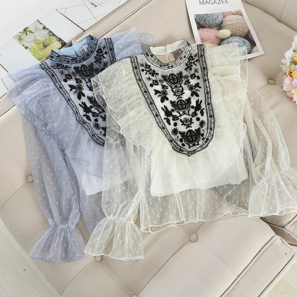 Cămașă casual de damă cu broderie și guler înalt în mai multe culori