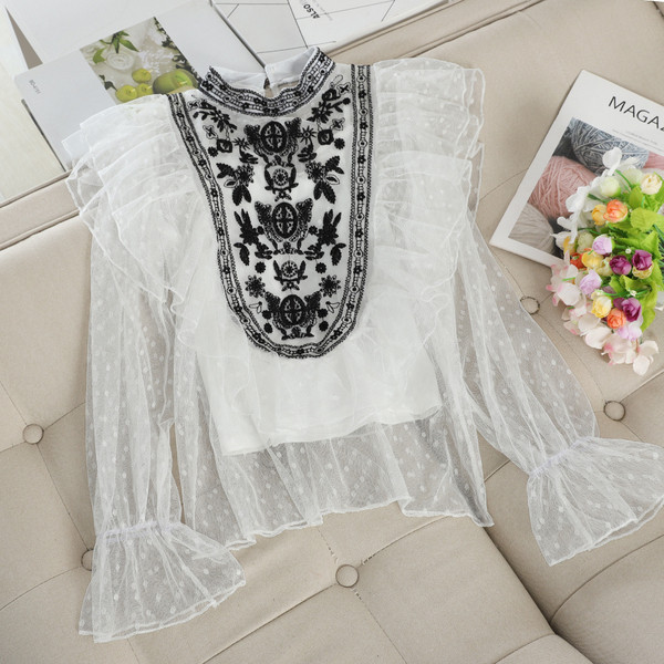 Cămașă casual de damă cu broderie și guler înalt în mai multe culori