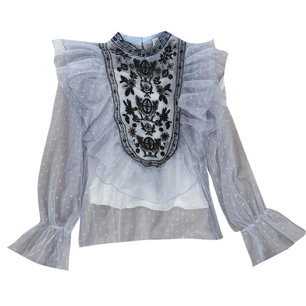 Cămașă casual de damă cu broderie și guler înalt în mai multe culori