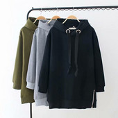 Casual γυναικείο μακρύ φούτερ  με κουκούλα και κορδόνια σε γκρι, πράσινο και μαύρο χρώμα