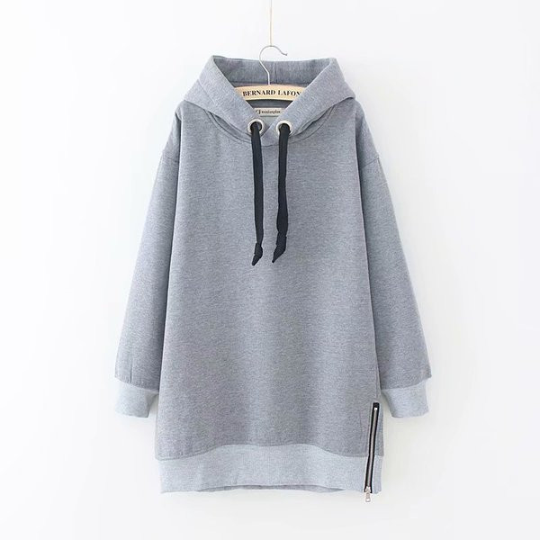 Casual γυναικείο μακρύ φούτερ  με κουκούλα και κορδόνια σε γκρι, πράσινο και μαύρο χρώμα