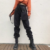 Model nou de pantaloni de dama cu talie inalta si buzunar negru si elastic