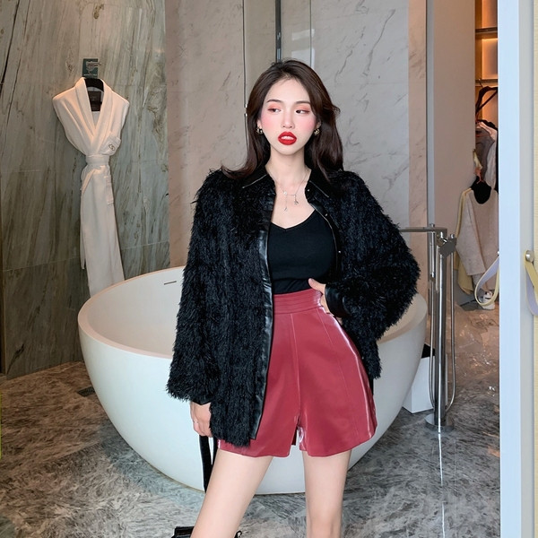 Modern női kabát műbőr gallérral - két színben