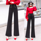 Актуален дамски панталон с висока талия и копчета в черен цвят 