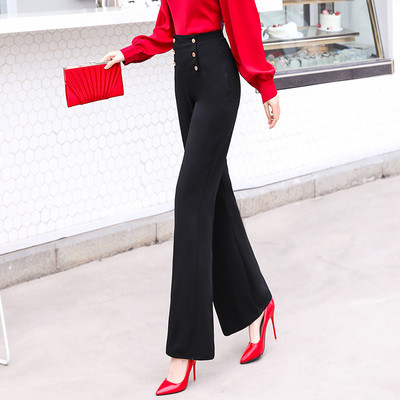 Актуален дамски панталон с висока талия и копчета в черен цвят 