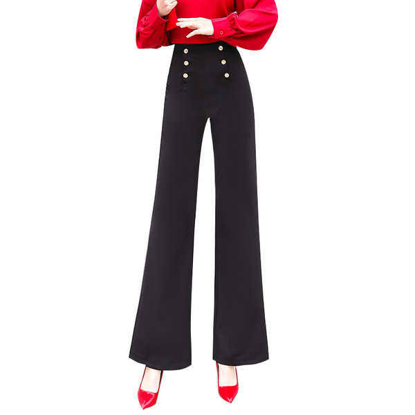 Актуален дамски панталон с висока талия и копчета в черен цвят 