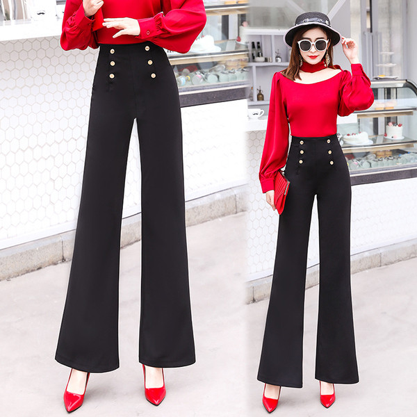 Актуален дамски панталон с висока талия и копчета в черен цвят 