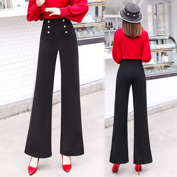 Актуален дамски панталон с висока талия и копчета в черен цвят 