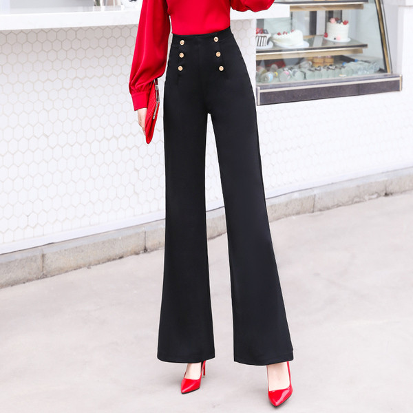 Актуален дамски панталон с висока талия и копчета в черен цвят 