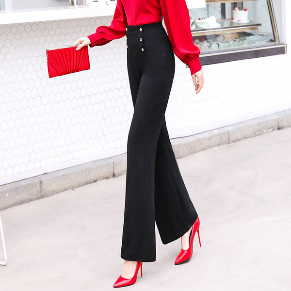 Актуален дамски панталон с висока талия и копчета в черен цвят 