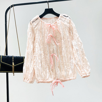 Modern női blúz kerek nyakkivágással, rózsaszín, bézs és zöld színben