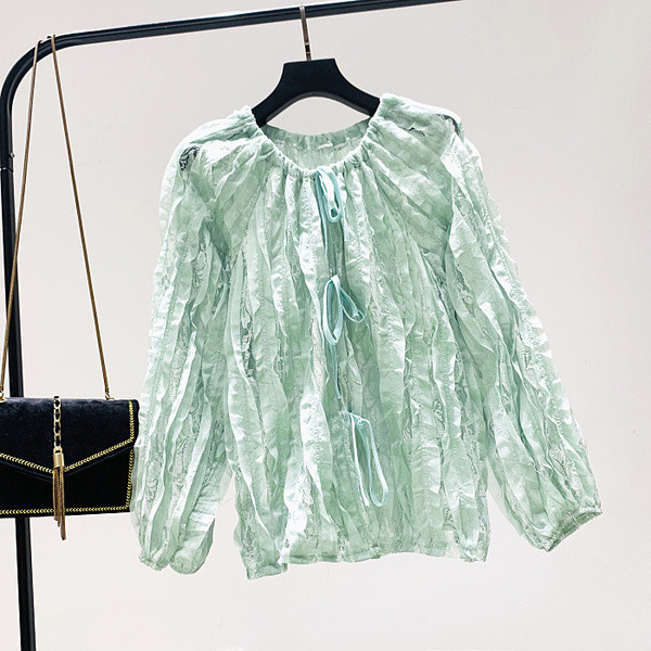 Modern női blúz kerek nyakkivágással, rózsaszín, bézs és zöld színben