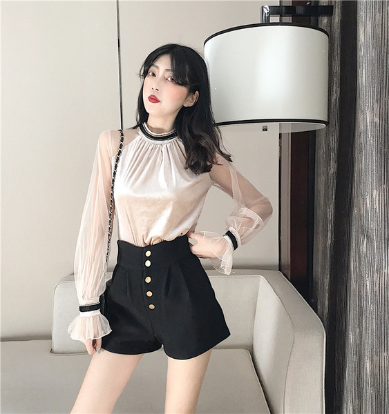 Női elegáns bársony blúz tüll ujjú - két színben