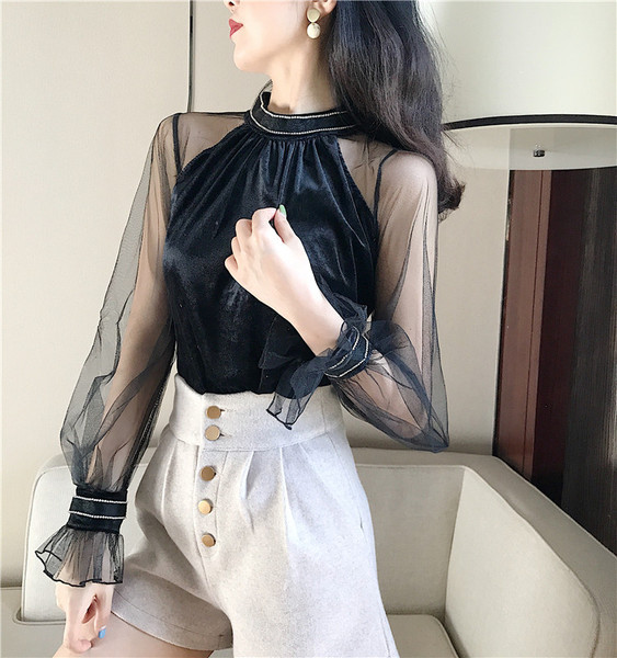 Női elegáns bársony blúz tüll ujjú - két színben