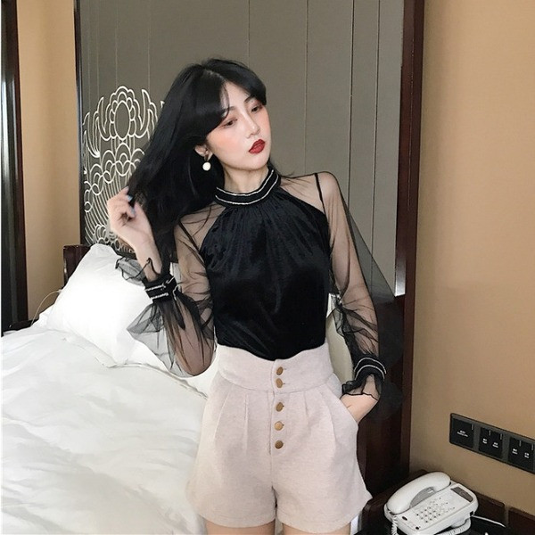 Női elegáns bársony blúz tüll ujjú - két színben