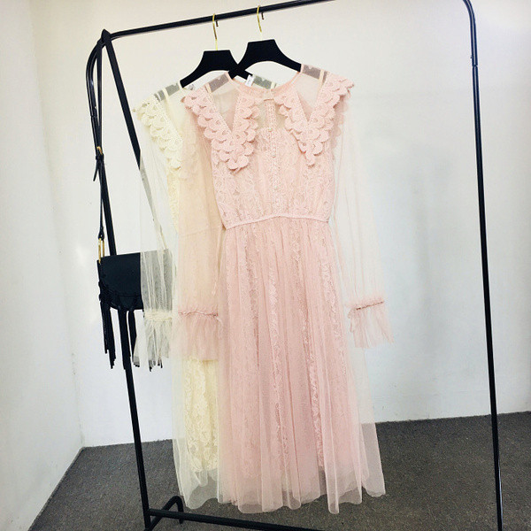 Rochie de dama - model lung cu maneci din dantela in culorile roz si galben