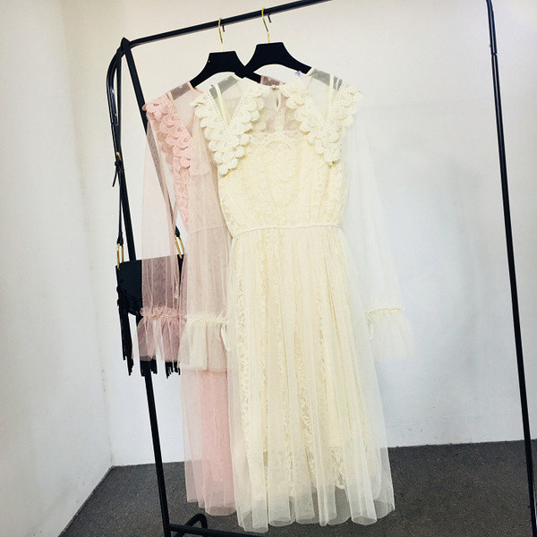 Rochie de dama - model lung cu maneci din dantela in culorile roz si galben