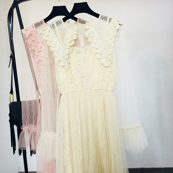 Rochie de dama - model lung cu maneci din dantela in culorile roz si galben