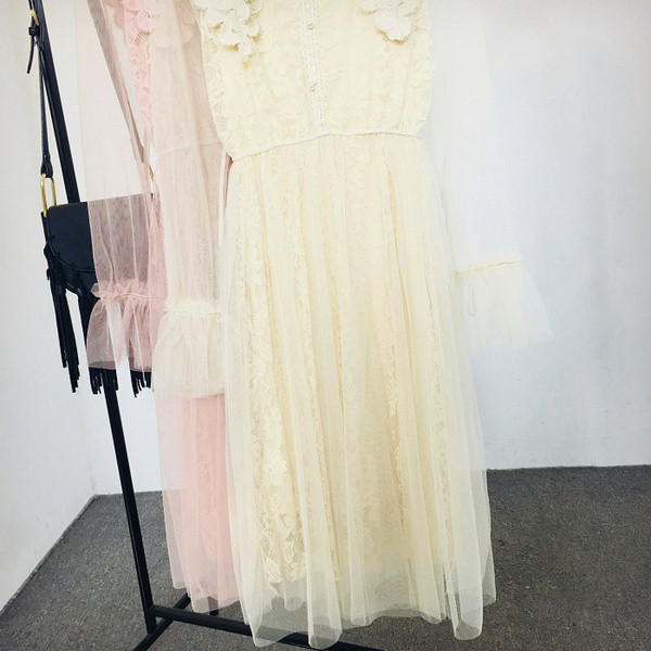 Rochie de dama - model lung cu maneci din dantela in culorile roz si galben