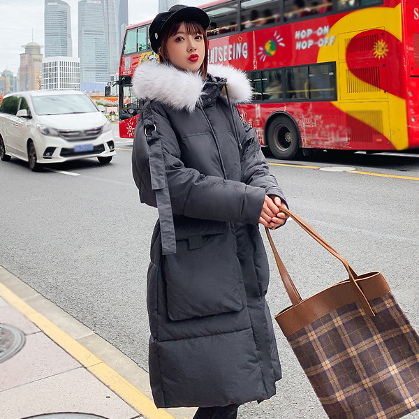 Hosszú női téli kabát zsebekkel, négy színben