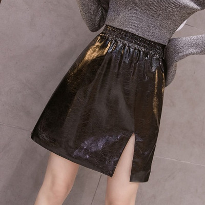 Fusta de dama de ultima generatie cu talie inalta si fanta din piele ecologica in rosu, negru si verde