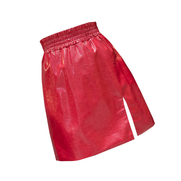 Fusta de dama de ultima generatie cu talie inalta si fanta din piele ecologica in rosu, negru si verde