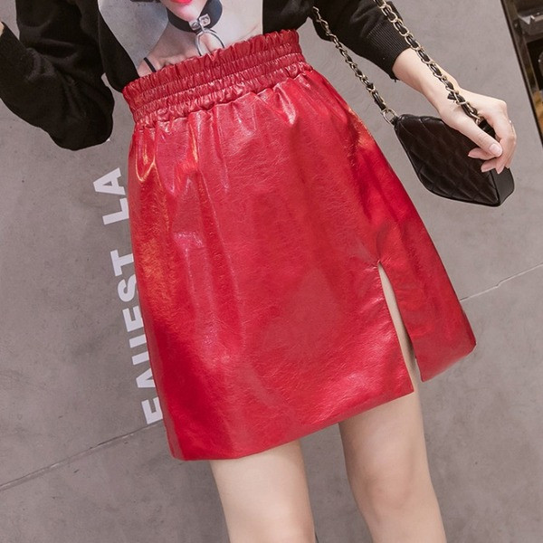 Fusta de dama de ultima generatie cu talie inalta si fanta din piele ecologica in rosu, negru si verde