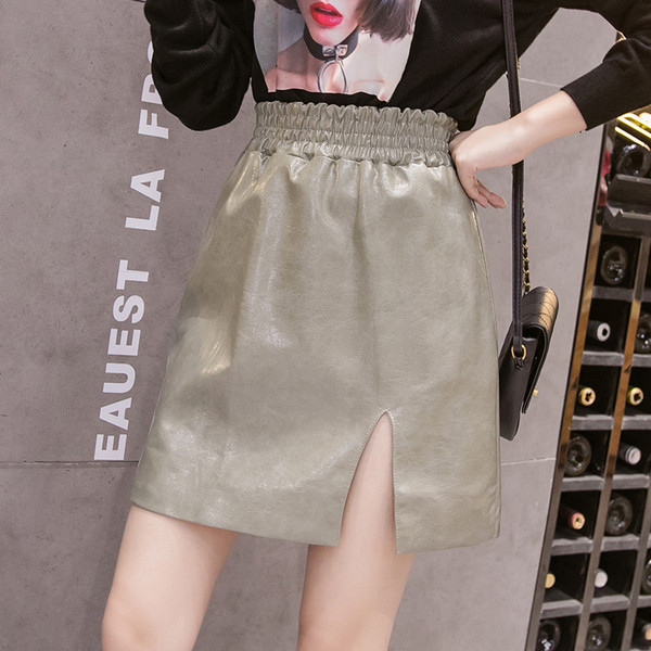 Fusta de dama de ultima generatie cu talie inalta si fanta din piele ecologica in rosu, negru si verde