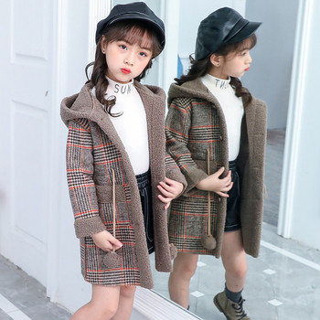 Παιδικό καρό μακρύ παλτό με μαλακή επένδυση καφέ και γκρι χρώμα