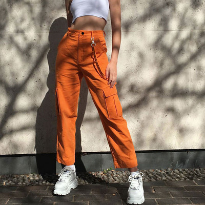 Ежедневен дамски дълъг панталон с висока талия и джоб в оранжев цвят
