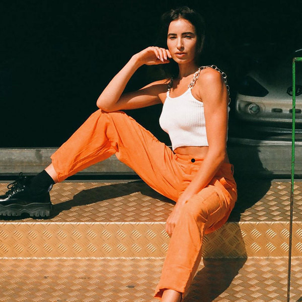 Pantaloni lungi casual de dama cu talie inalta si buzunar portocaliu