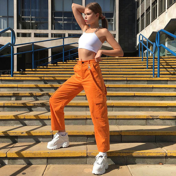 Pantaloni lungi casual de dama cu talie inalta si buzunar portocaliu