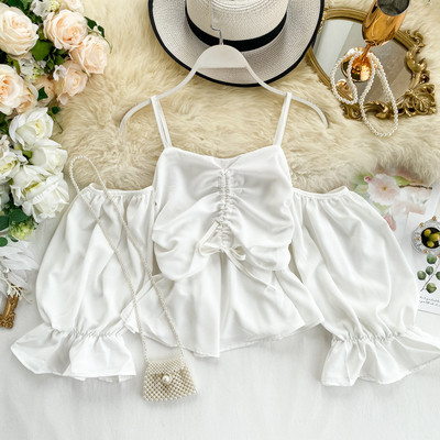 Μοντέρνο γυναικείο πουκάμισο με ιμάντες και γυμνούς ώμους