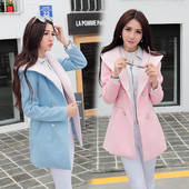 Modern női kabát kapucnival szürke, rózsaszín és kék színben