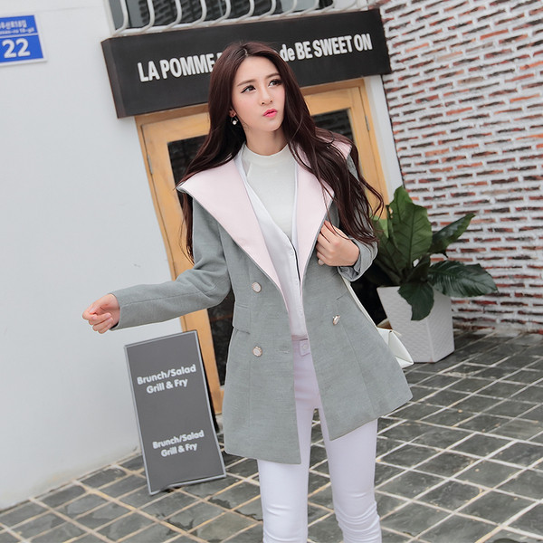 Modern női kabát kapucnival szürke, rózsaszín és kék színben